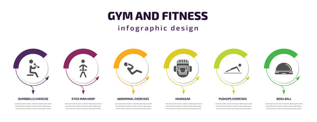 gym and fitness infographic template with icons and 6 step or option. gym and fitness icons such as dumbbells exercise, stick man hoop, abdominal exercises, headgear, pushups exercises, bosu ball