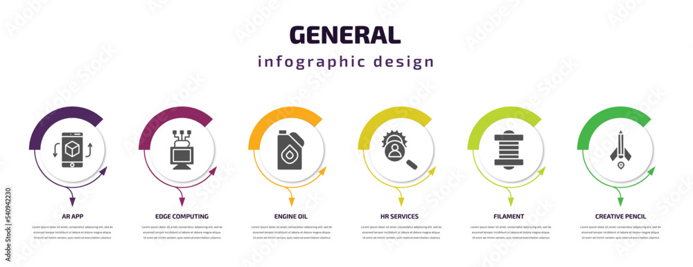Poster general infographic template with icons and 6 step or option. general icons such as ar app, edge com