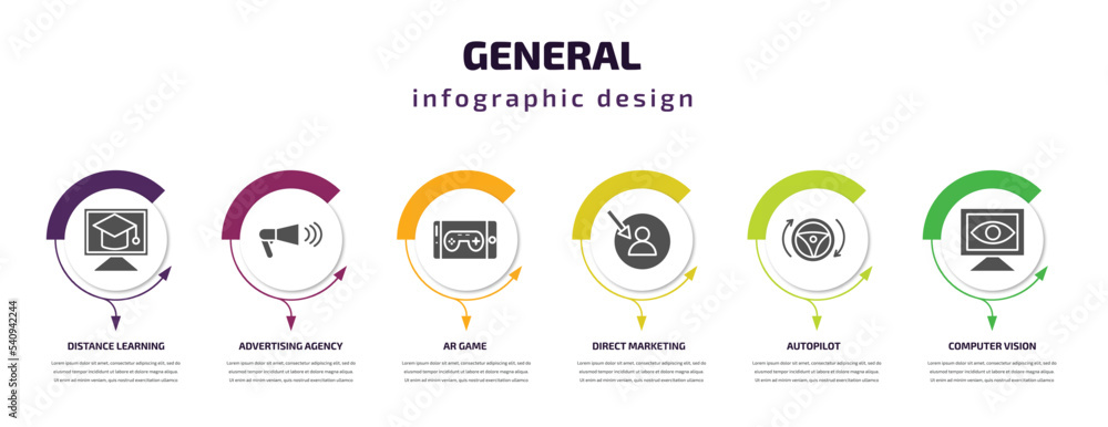 Poster general infographic template with icons and 6 step or option. general icons such as distance learnin