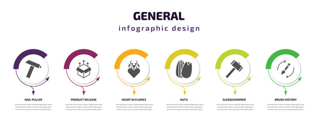Fototapeta premium general infographic template with icons and 6 step or option. general icons such as nail puller, product release, heart in flames, nuts, sledgehammer, brush history vector. can be used for banner,