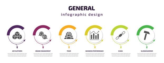 general infographic template with icons and 6 step or option. general icons such as ar platform, brand engagement, team, business performance, chain, sledgehammer vector. can be used for banner,