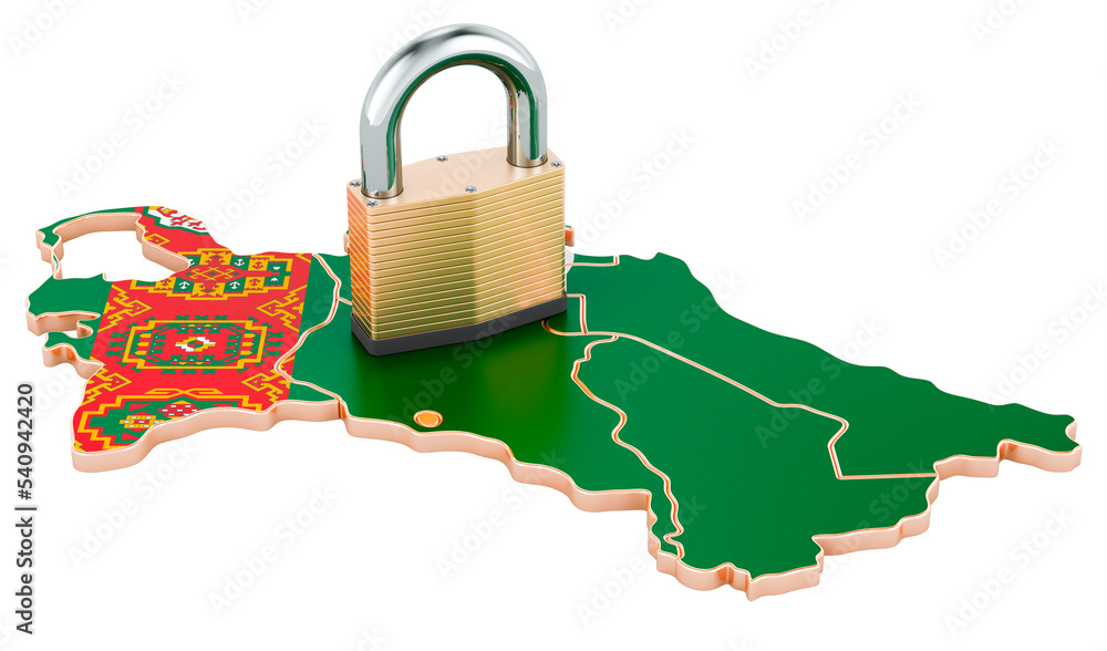 Poster lockdown in turkmenistan. padlock with map, border protection concept. 3d rendering