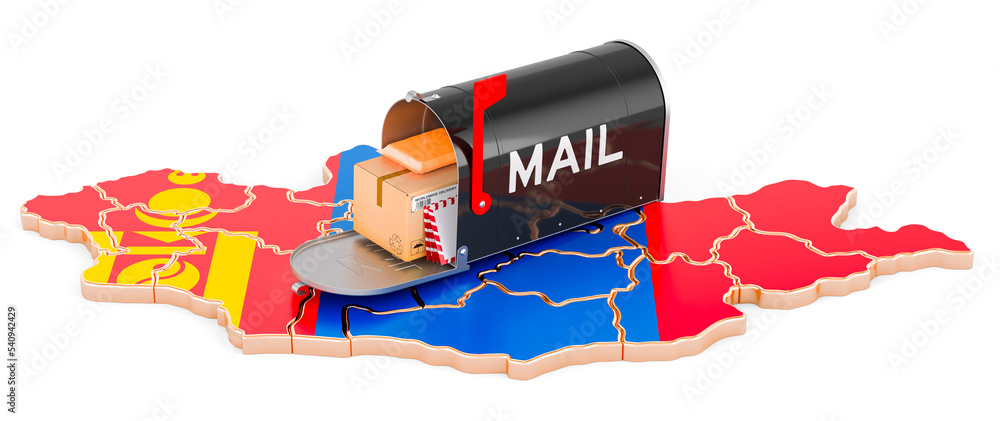 Poster mailbox on the mongolian map. shipping in mongolia, concept. 3d rendering