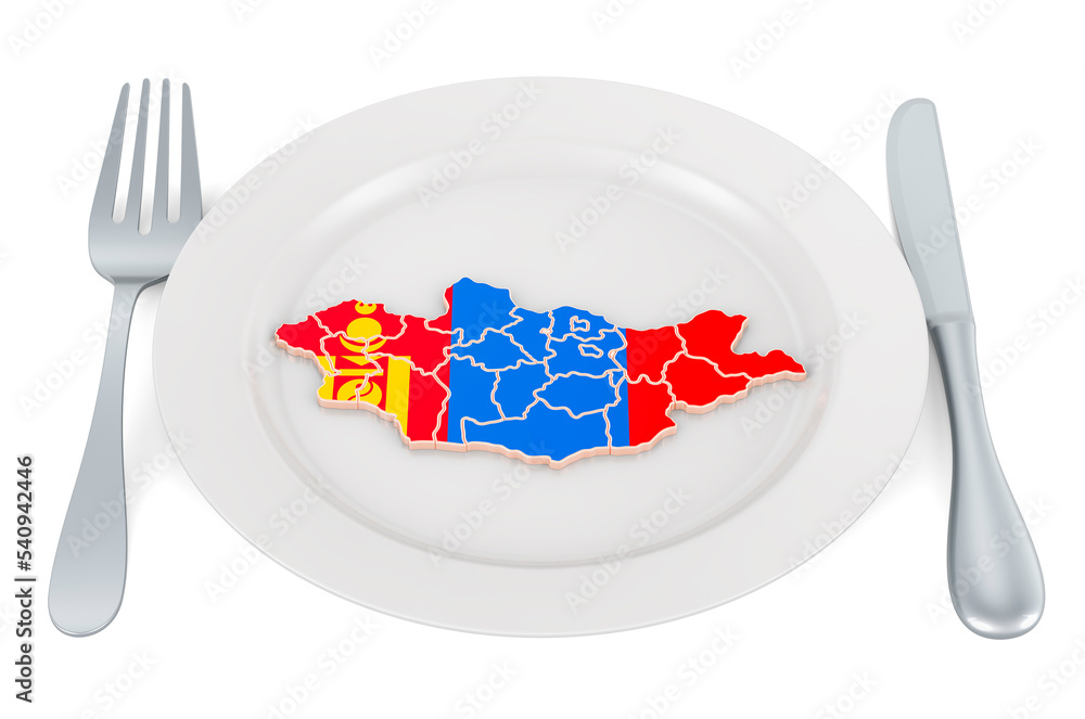 Aufkleber mongolian cuisine concept. plate with map of mongolia. 3d rendering