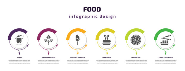 Fototapeta premium food infographic template with icons and 6 step or option. food icons such as stew, raspberry leaf, bitten ice cream, marzipan, sour soup, fried tofu curd balls vector. can be used for banner, info