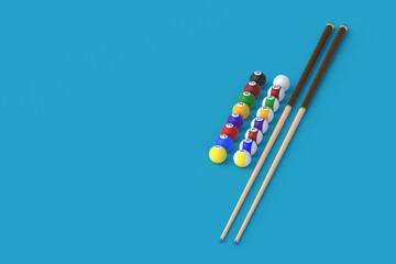 Rows of billiard balls near cue. Game for leisure. Sports equipment. Copy space. 3d render