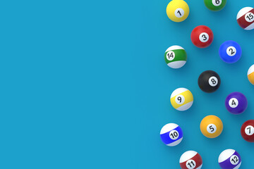 Strewn billiard balls. Game for leisure. Sports equipment. Copy space. Top view. 3d render