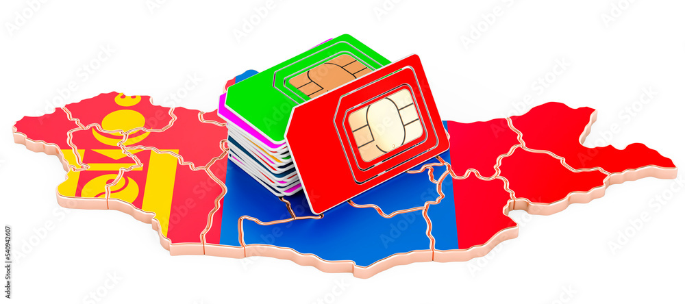 Poster sim cards on the mongolian map. mobile communications, roaming in mongolia, concept. 3d rendering