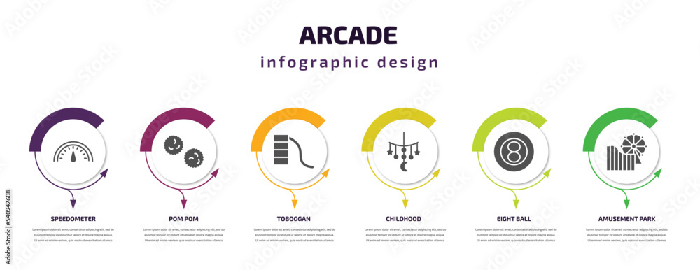 Poster arcade infographic template with icons and 6 step or option. arcade icons such as speedometer, pom p