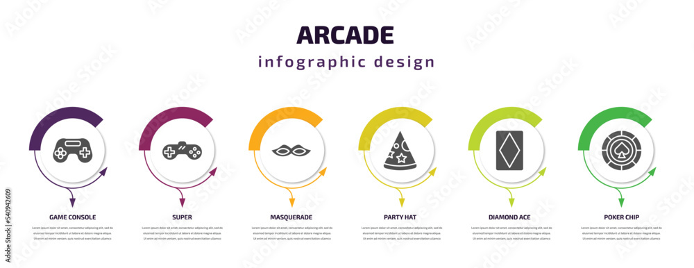 Aufkleber arcade infographic template with icons and 6 step or option. arcade icons such as game console, supe