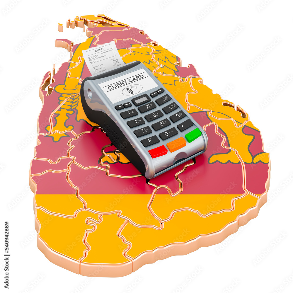 Poster sri lankan map with pos terminal. cashless payments in sri lanka concept. 3d rendering