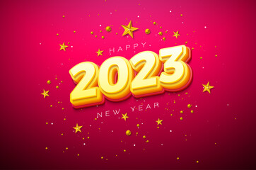 Happy New Year 2023 Illustration with 3d Number and Golden Star on Red Background. Vector Christmas Holiday Season Design for Flyer, Greeting Card, Banner, Celebration Poster, Party Invitation or