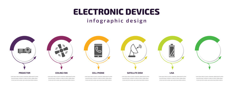 electronic devices infographic template with icons and 6 step or option. electronic devices icons such as projector, ceiling fan, cell phone, satellite dish, lisa, battery vector. can be used for
