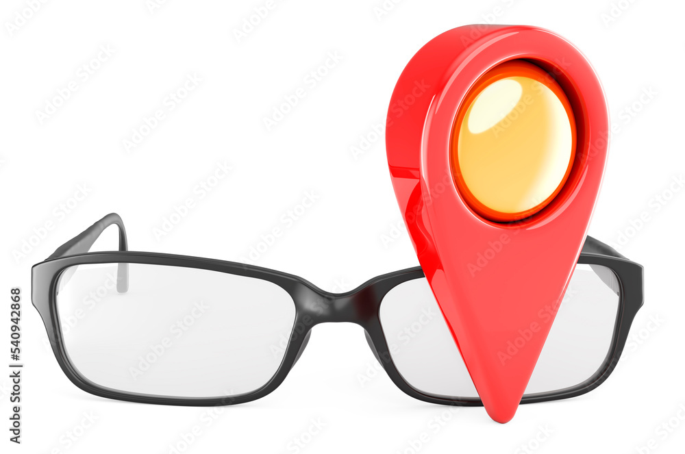 Poster eyeglasses with map pointer, 3d rendering