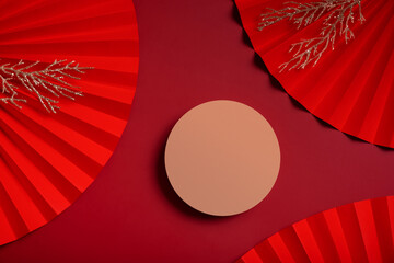 Mock up podium round stage or pedestal and paper fans Chinese new year symbol top view
