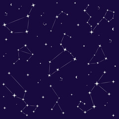 Seamless pattern with stars, constellations. Starry night sky, galaxy. Vector illustration.