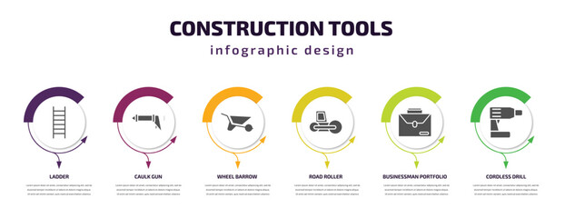construction tools infographic template with icons and 6 step or option. construction tools icons such as ladder, caulk gun, wheel barrow, road roller, businessman portfolio, cordless drill vector.