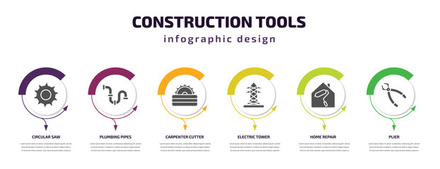 construction tools infographic template with icons and 6 step or option. construction tools icons such as circular saw, plumbing pipes, carpenter cutter, electric tower, home repair, plier vector.