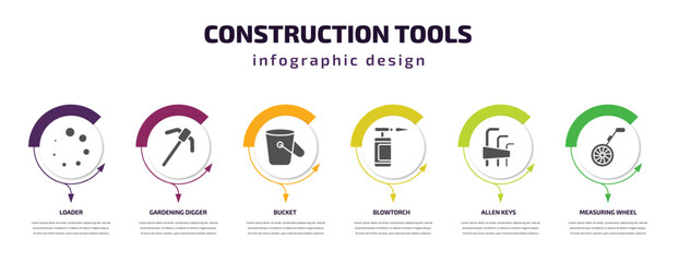 construction tools infographic template with icons and 6 step or option. construction tools icons such as loader, gardening digger, bucket, blowtorch, allen keys, measuring wheel vector. can be used