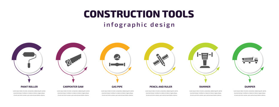 construction tools infographic template with icons and 6 step or option. construction tools icons such as paint roller, carpenter saw, gas pipe, pencil and ruler, rammer, dumper vector. can be used