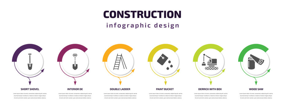 construction infographic template with icons and 6 step or option. construction icons such as short shovel, interior de, double ladder, paint bucket, derrick with box, wood saw vector. can be used