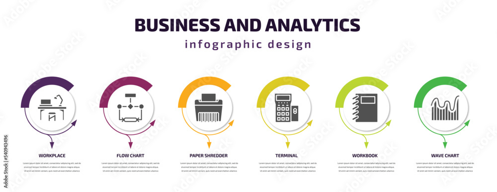 Aufkleber business and analytics infographic template with icons and 6 step or option. business and analytics 