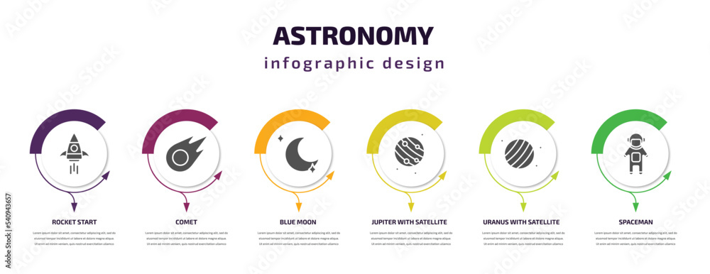 Poster astronomy infographic template with icons and 6 step or option. astronomy icons such as rocket start