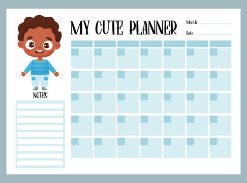 My cute planner. Kids monthly organizer and notes with cartoon black ethnic boy. Vector horizontal template in blue for print and design, children collection, stationery, schedule, planning.