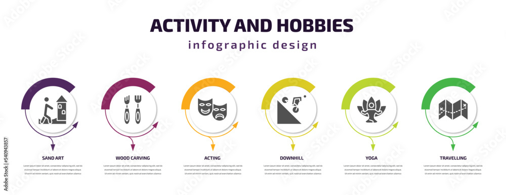 Poster activity and hobbies infographic template with icons and 6 step or option. activity and hobbies icon