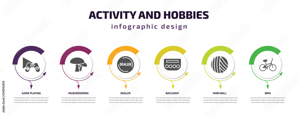 Poster activity and hobbies infographic template with icons and 6 step or option. activity and hobbies icon