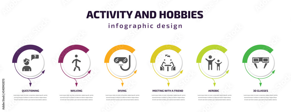 Poster activity and hobbies infographic template with icons and 6 step or option. activity and hobbies icon