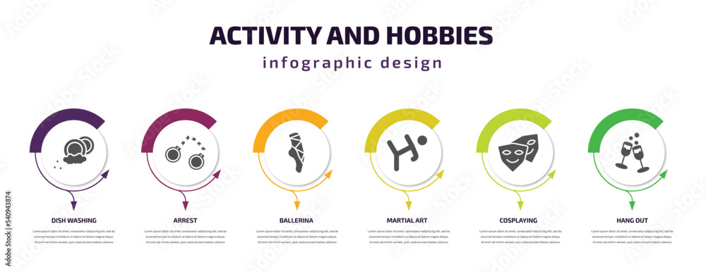 Poster activity and hobbies infographic template with icons and 6 step or option. activity and hobbies icon
