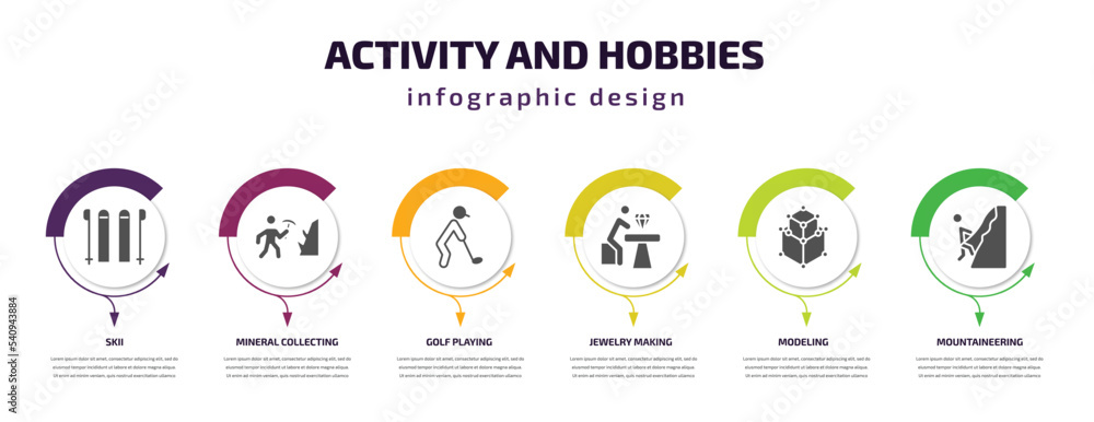Poster activity and hobbies infographic template with icons and 6 step or option. activity and hobbies icon