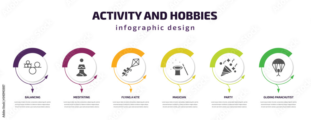 Aufkleber activity and hobbies infographic template with icons and 6 step or option. activity and hobbies icon