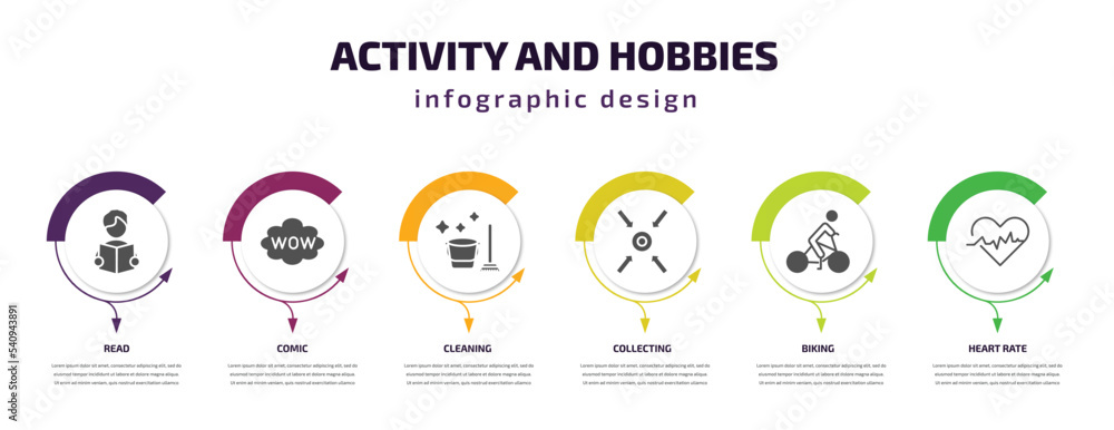 Poster activity and hobbies infographic template with icons and 6 step or option. activity and hobbies icon