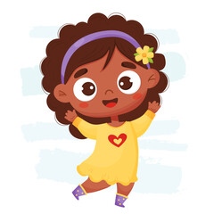 Joyful happy black ethnic girl. Vector illustration. Children character in cartoon style for card design, decor, print and kids collection.