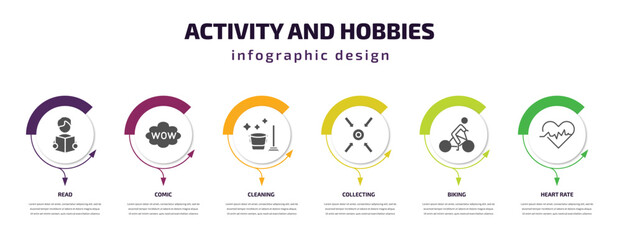 activity and hobbies infographic template with icons and 6 step or option. activity and hobbies icons such as read, comic, cleaning, collecting, biking, heart rate vector. can be used for banner,
