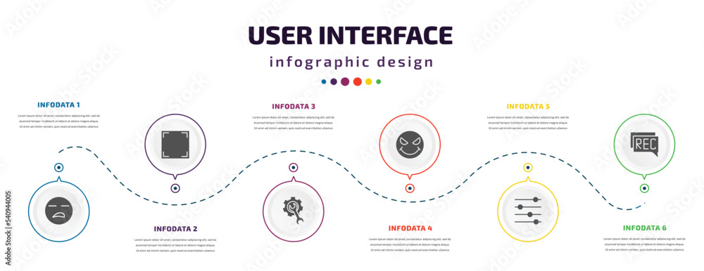 Aufkleber user interface infographic element with icons and 6 step or option. user interface icons such as bor