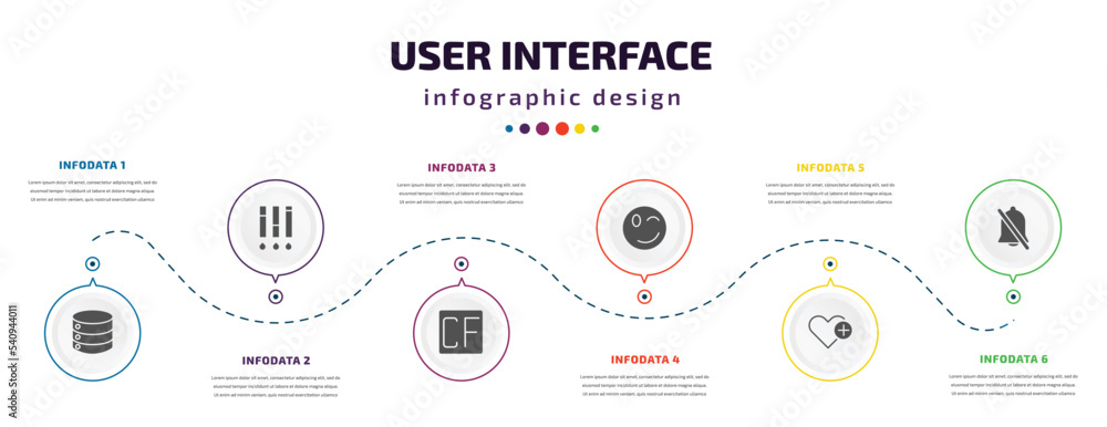 Poster user interface infographic element with icons and 6 step or option. user interface icons such as dis