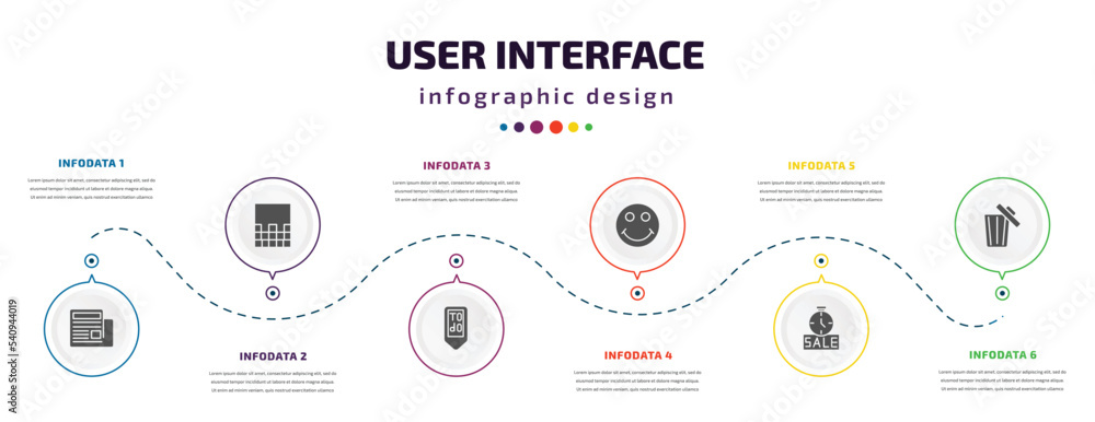 Poster user interface infographic element with icons and 6 step or option. user interface icons such as new