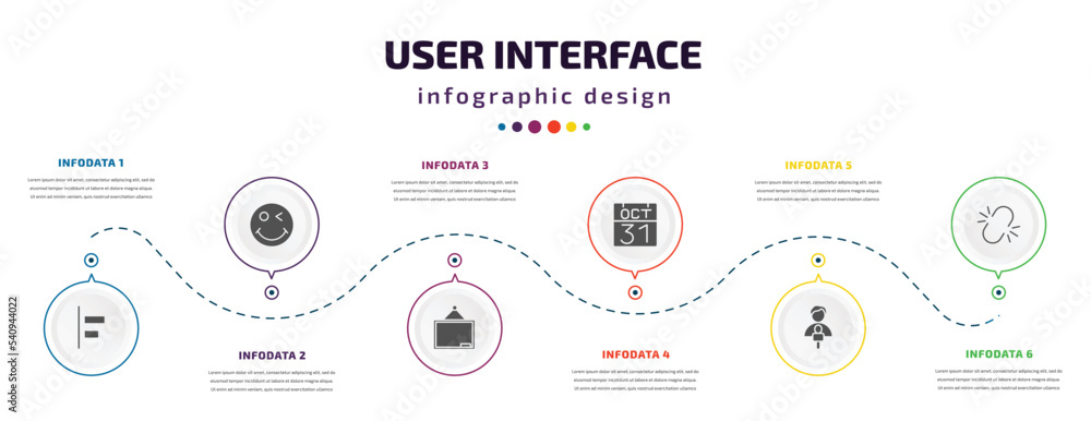 Poster user interface infographic element with icons and 6 step or option. user interface icons such as obj