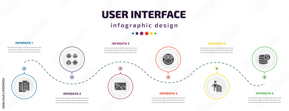 Poster user interface infographic element with icons and 6 step or option. user interface icons such as pap