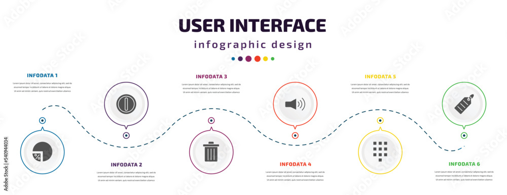 Poster user interface infographic element with icons and 6 step or option. user interface icons such as per