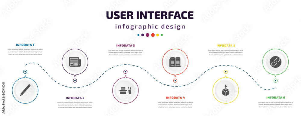 Poster user interface infographic element with icons and 6 step or option. user interface icons such as pen