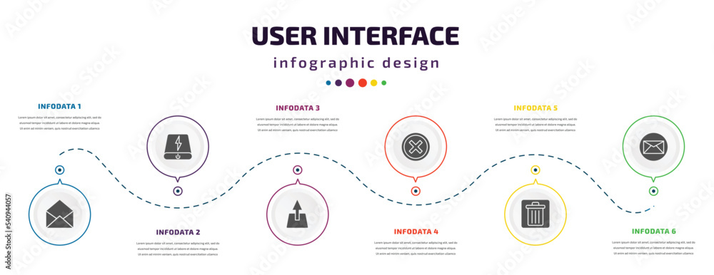 Poster user interface infographic element with icons and 6 step or option. user interface icons such as ema