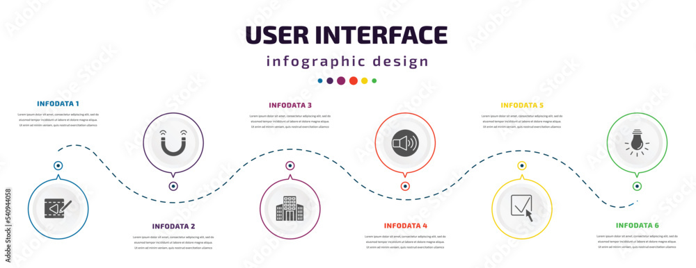 Poster user interface infographic element with icons and 6 step or option. user interface icons such as vid
