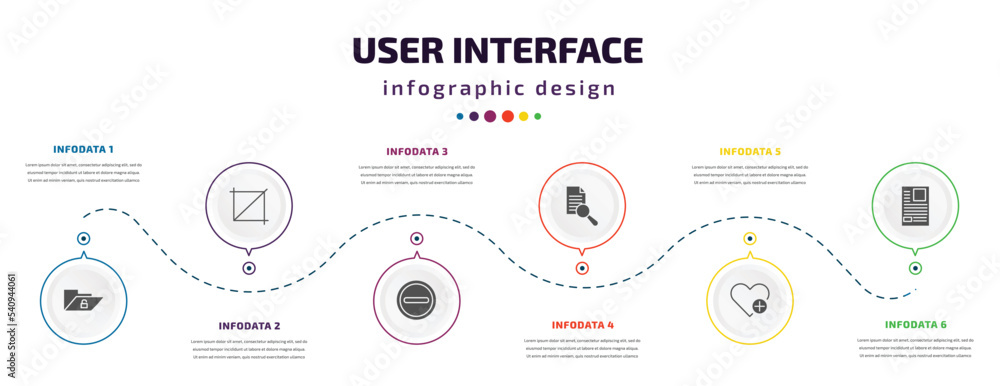 Poster user interface infographic element with icons and 6 step or option. user interface icons such as unl
