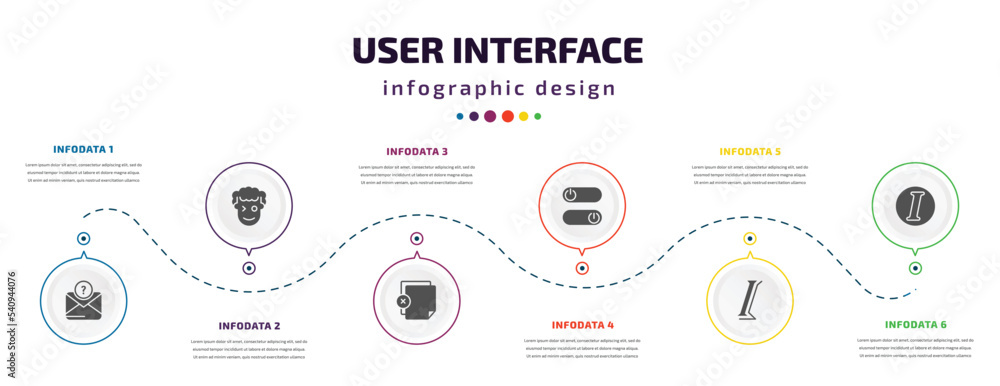 Aufkleber user interface infographic element with icons and 6 step or option. user interface icons such as ano