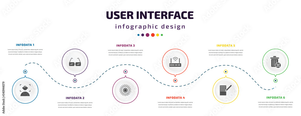 Poster user interface infographic element with icons and 6 step or option. user interface icons such as face detection, square glasses, loading indicator, internet modem, form, delete round button vector.