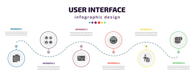 Fototapeta na wymiar user interface infographic element with icons and 6 step or option. user interface icons such as paper work, the of, images, nerd smile, man certificate, earn money vector. can be used for banner,